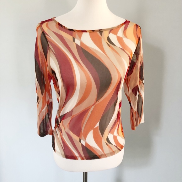 The Limited Tops - The Limited Orange Red Brown Sheer Jeweled Top M